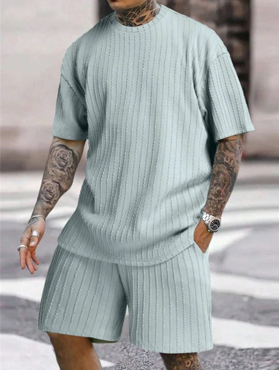 2025 Men'S Sports Suit Hot Item Solid Color round Neck Pullover Vertical Pattern Casual Comfortable T-Shirt Shorts Two-Piece Set