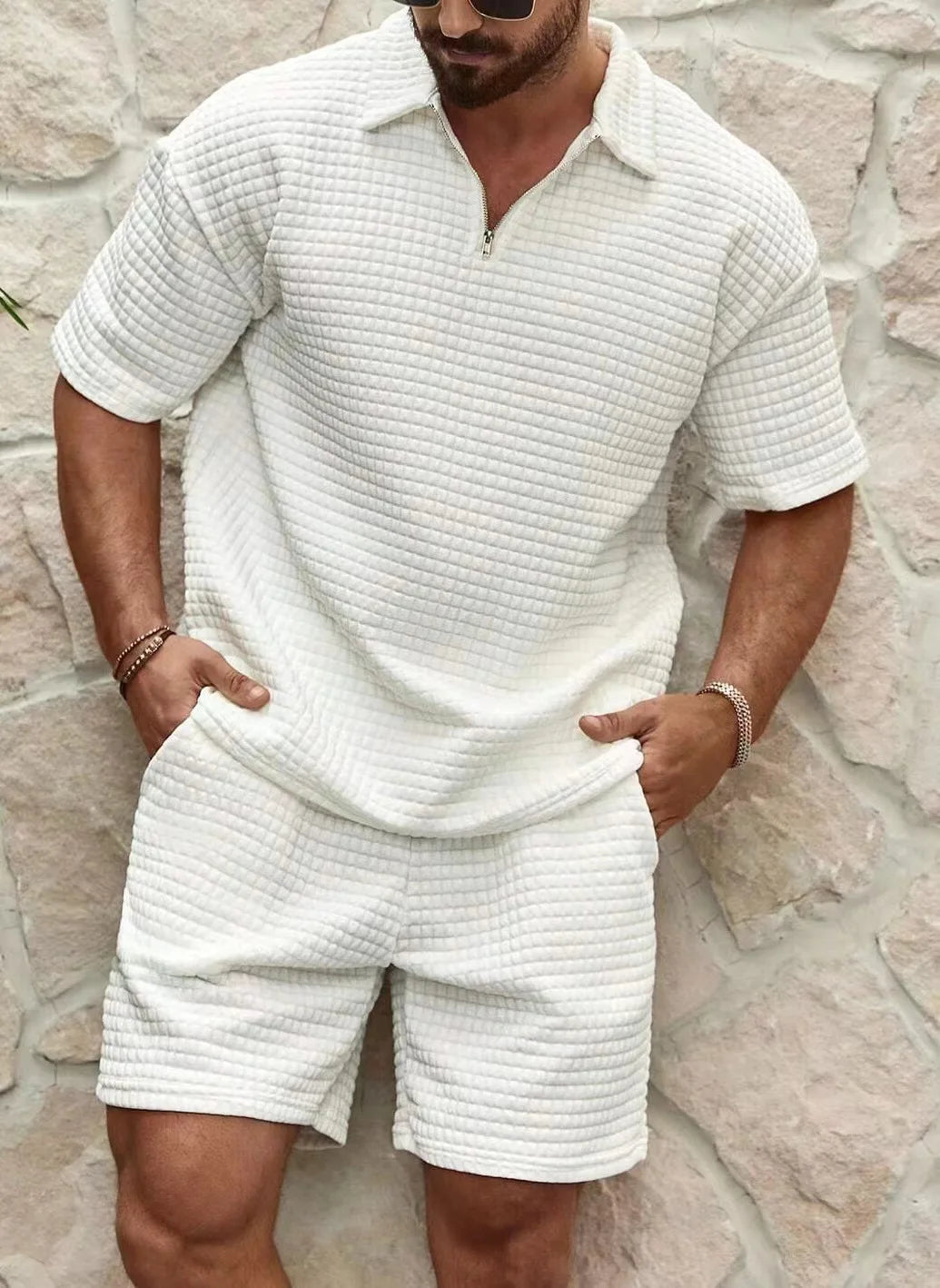 2025 Summer Men'S Set New Fashionable Style Simple Waffle Color Solid Color Collar Polo Shirt Short Sleeve Shorts Sports Set