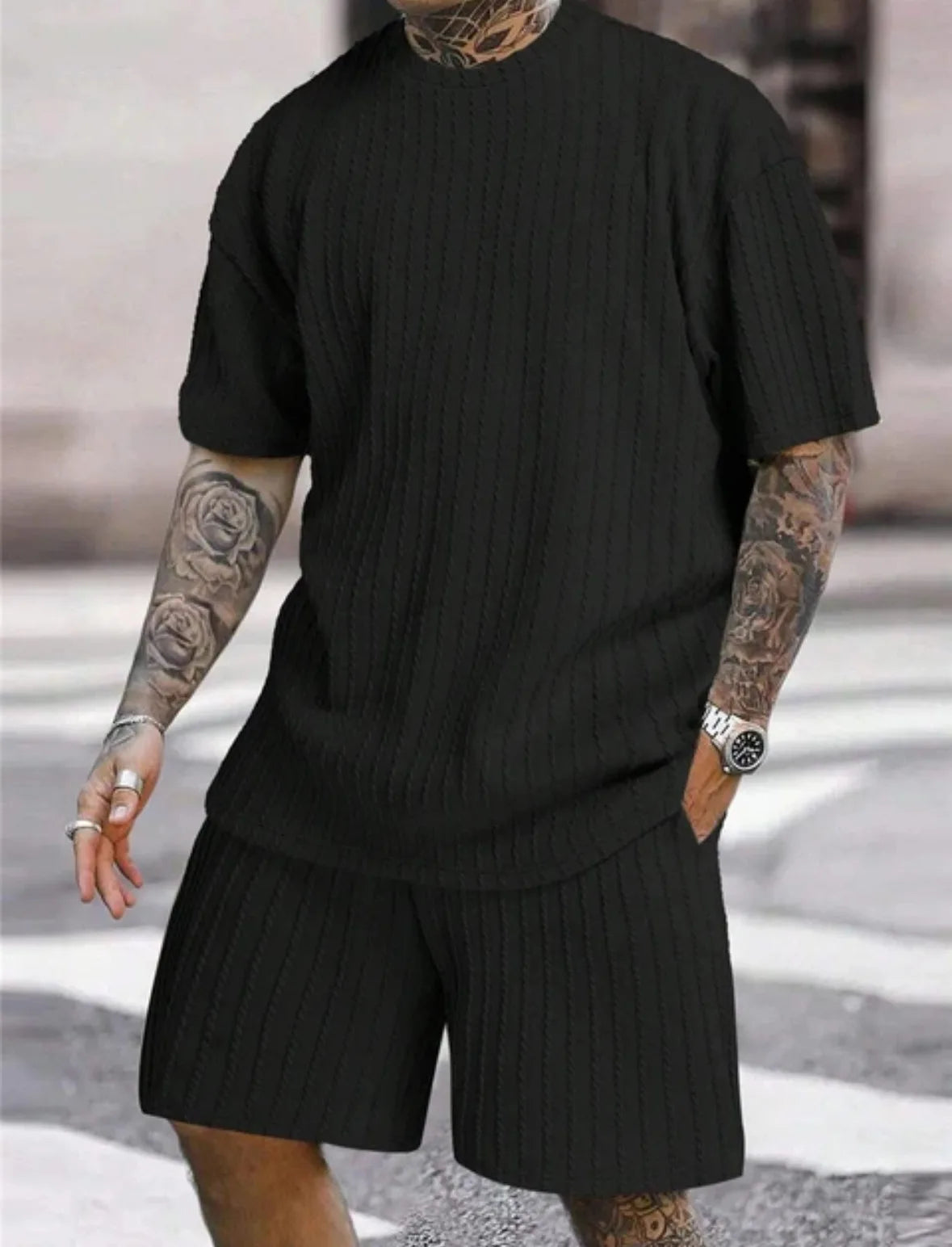 2025 Men'S Sports Suit Hot Item Solid Color round Neck Pullover Vertical Pattern Casual Comfortable T-Shirt Shorts Two-Piece Set
