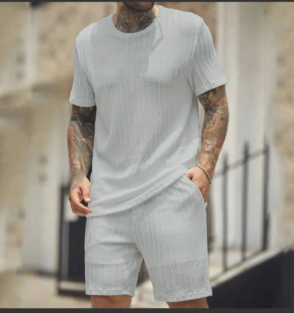 2025 Men'S Sports Suit Hot Item Solid Color round Neck Pullover Vertical Pattern Casual Comfortable T-Shirt Shorts Two-Piece Set