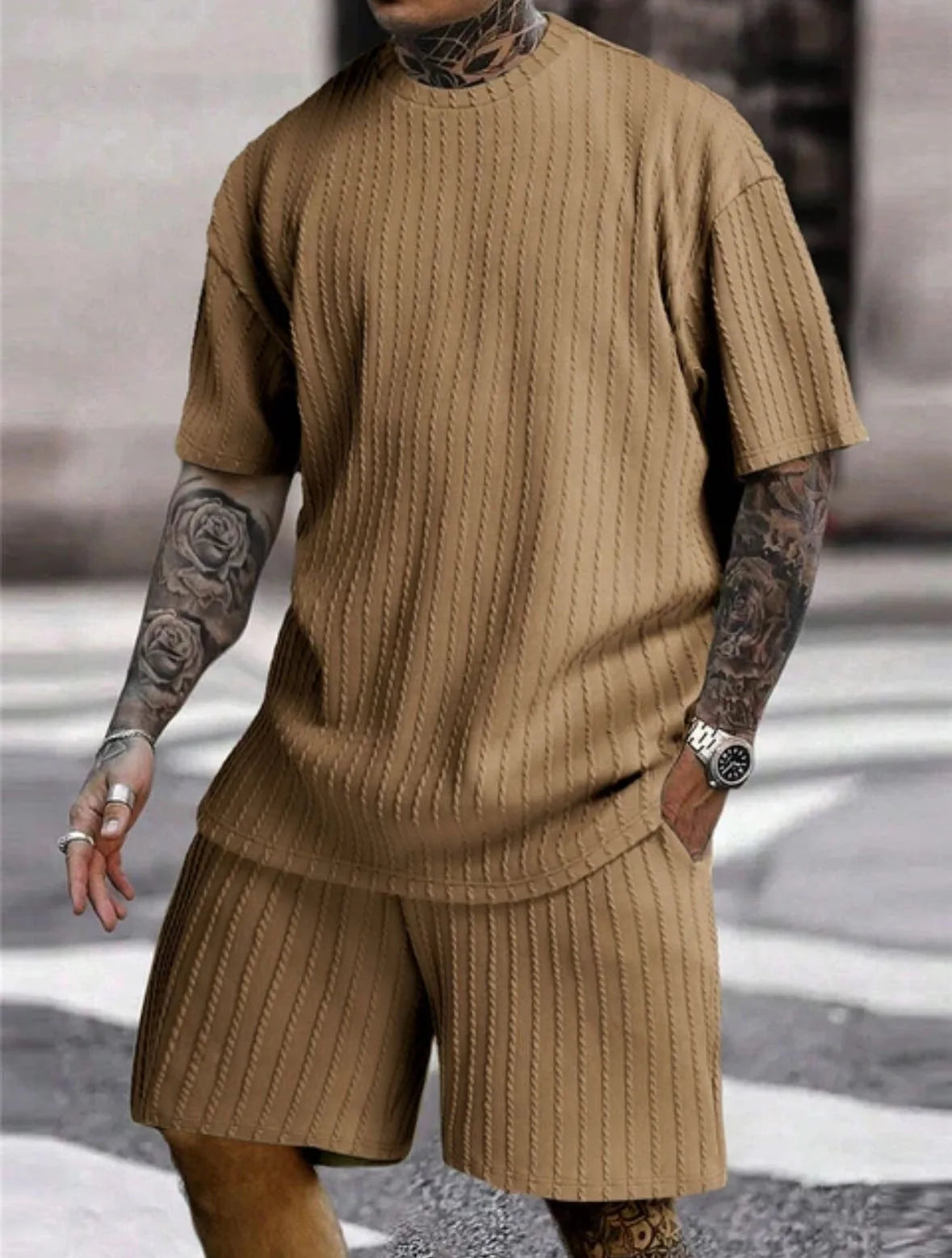 2025 Men'S Sports Suit Hot Item Solid Color round Neck Pullover Vertical Pattern Casual Comfortable T-Shirt Shorts Two-Piece Set