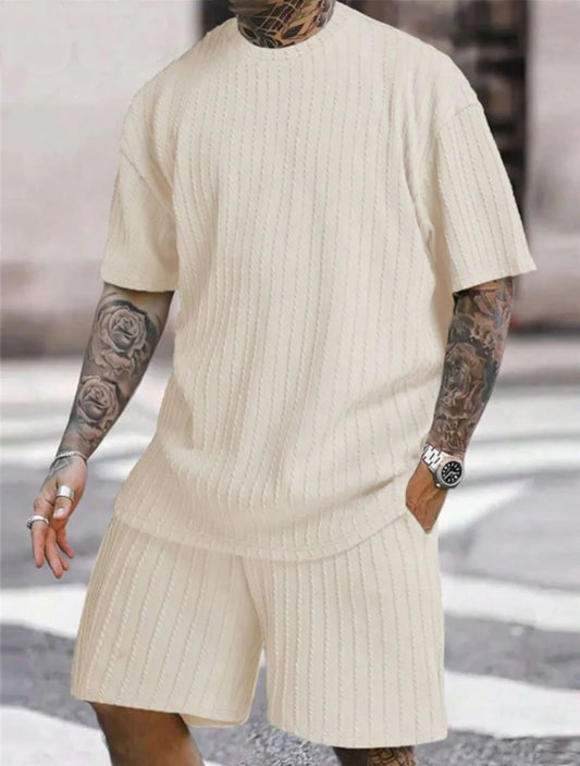 2025 Men'S Sports Suit Hot Item Solid Color round Neck Pullover Vertical Pattern Casual Comfortable T-Shirt Shorts Two-Piece Set