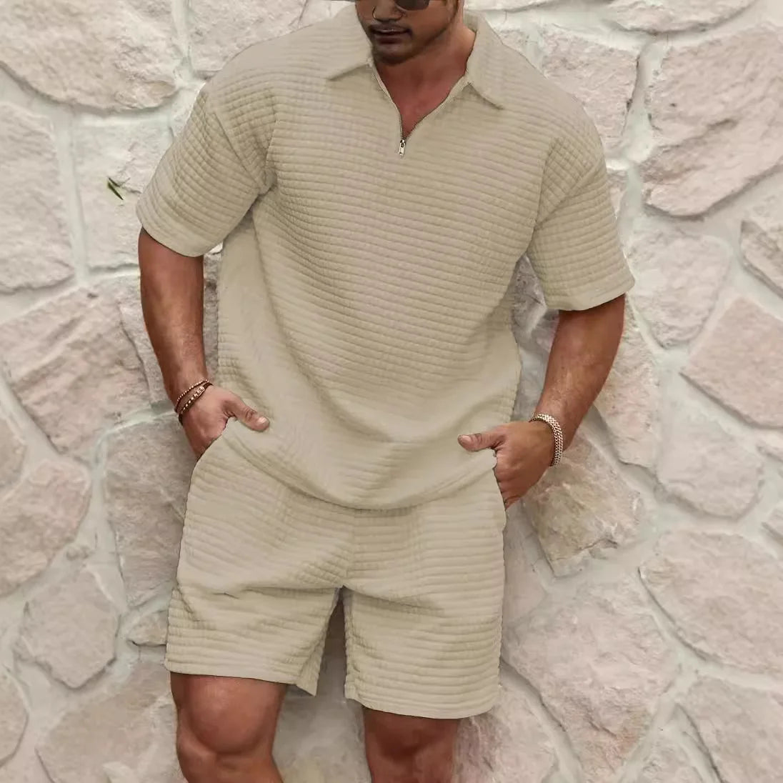 2025 Summer Men'S Set New Fashionable Style Simple Waffle Color Solid Color Collar Polo Shirt Short Sleeve Shorts Sports Set