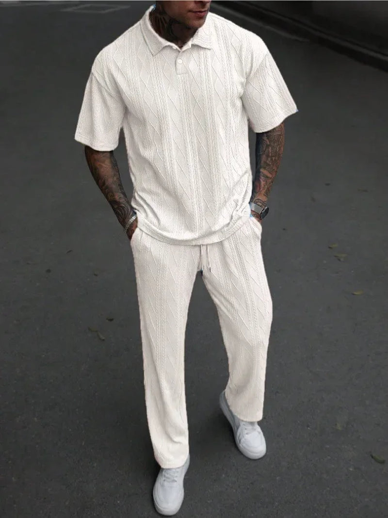 New Fashion Casual Trendy Knitted 2 Piece Sets Solid Color Short Sleeve Turn-Down Collar T-Shirts Loose Straight Trousers Male
