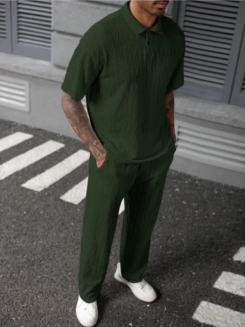 New Fashion Casual Trendy Knitted 2 Piece Sets Solid Color Short Sleeve Turn-Down Collar T-Shirts Loose Straight Trousers Male