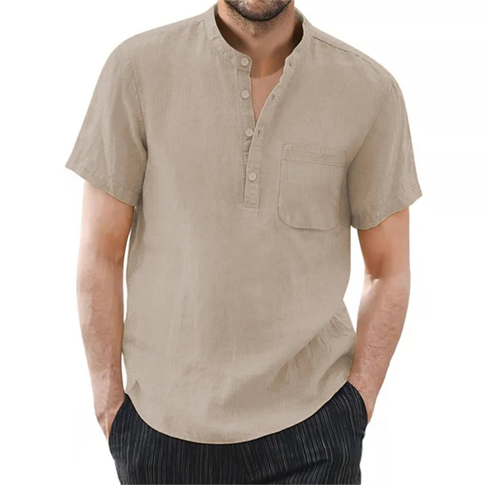 Men'S Short Sleeve T-Shirt Cotton and Linen Casual Men T-Shirts Solid Color Summer Shirt Male Cozy Breathable