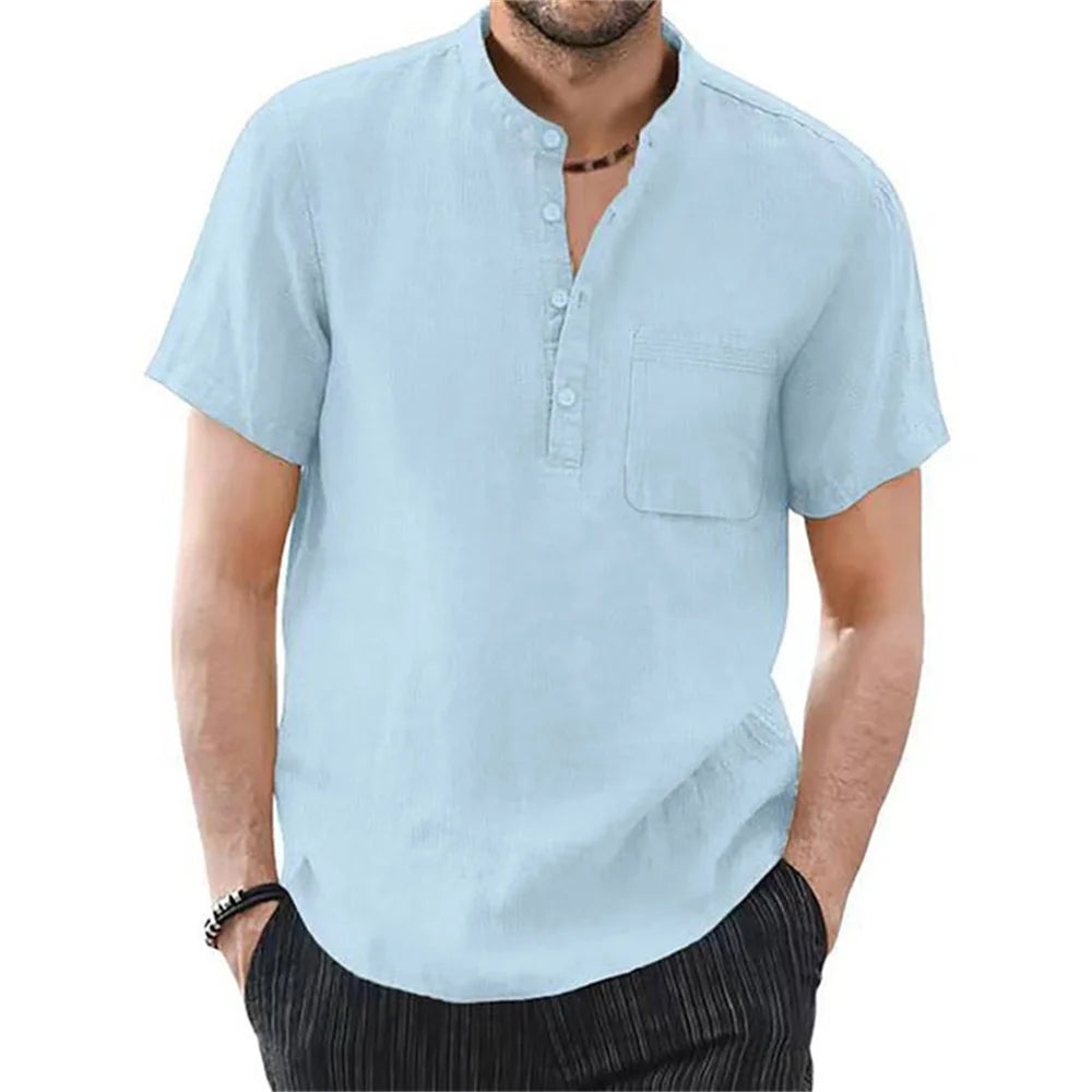 Men'S Short Sleeve T-Shirt Cotton and Linen Casual Men T-Shirts Solid Color Summer Shirt Male Cozy Breathable