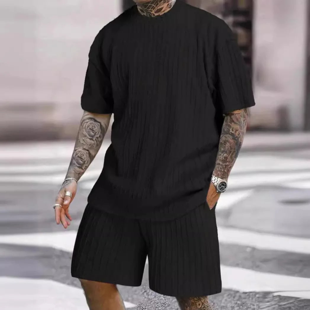 2025 Men'S Sports Suit Hot Item Solid Color round Neck Pullover Vertical Pattern Casual Comfortable T-Shirt Shorts Two-Piece Set