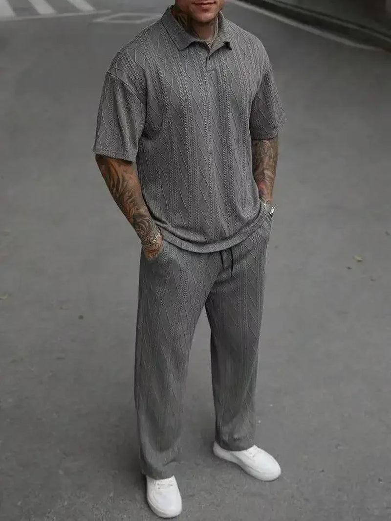 New Fashion Casual Trendy Knitted 2 Piece Sets Solid Color Short Sleeve Turn-Down Collar T-Shirts Loose Straight Trousers Male