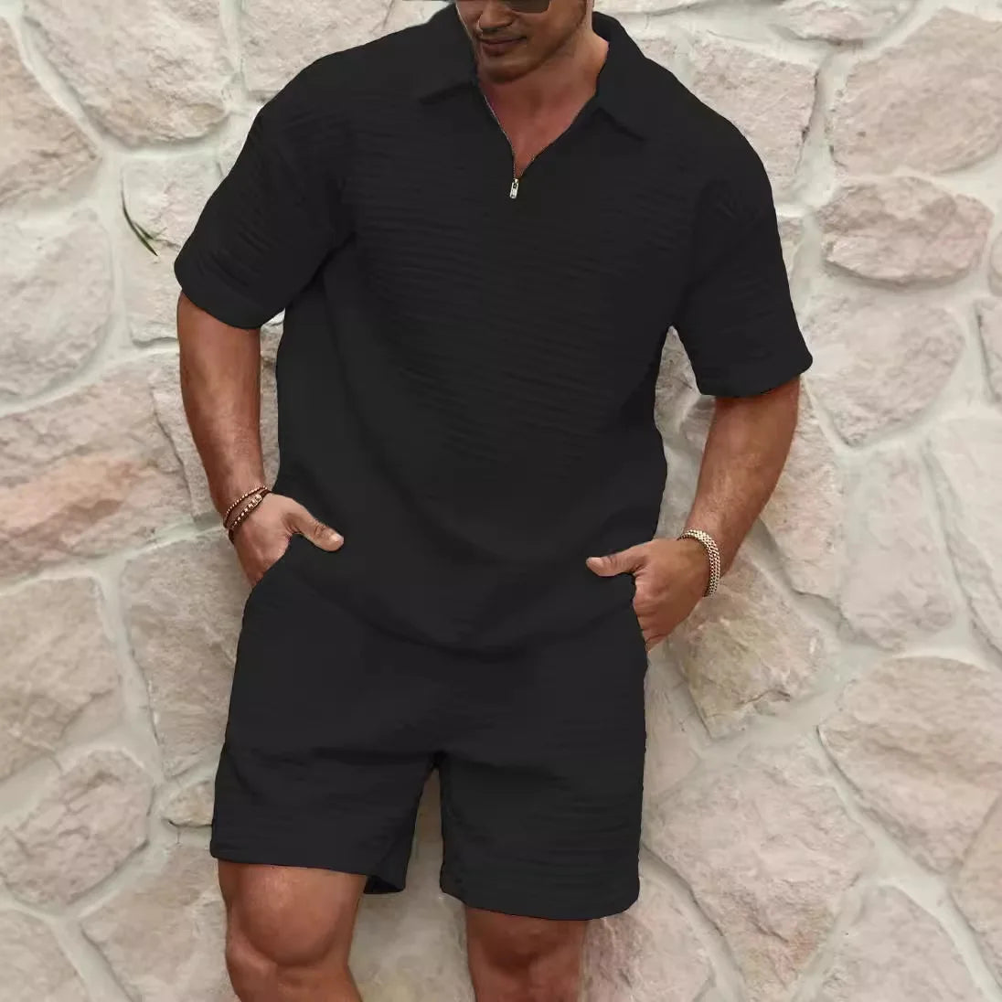 2025 Summer Men'S Set New Fashionable Style Simple Waffle Color Solid Color Collar Polo Shirt Short Sleeve Shorts Sports Set