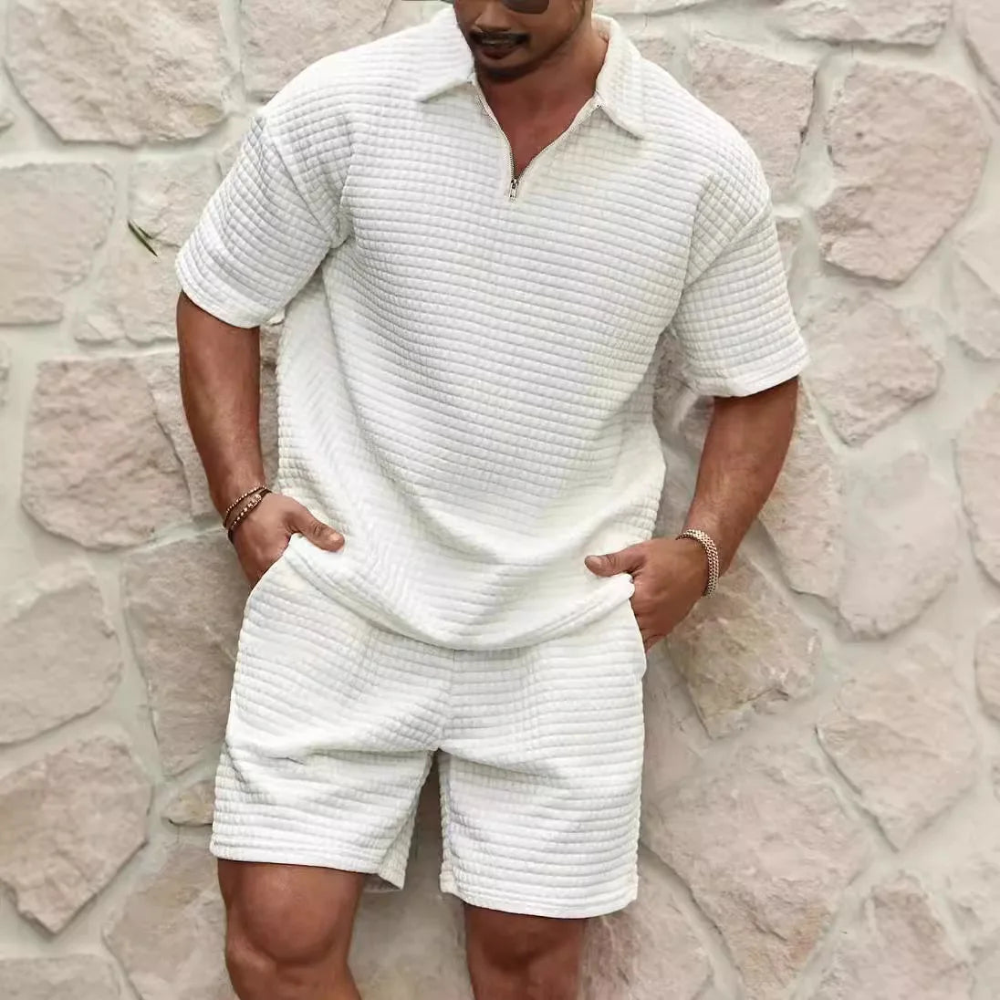 2025 Summer Men'S Set New Fashionable Style Simple Waffle Color Solid Color Collar Polo Shirt Short Sleeve Shorts Sports Set