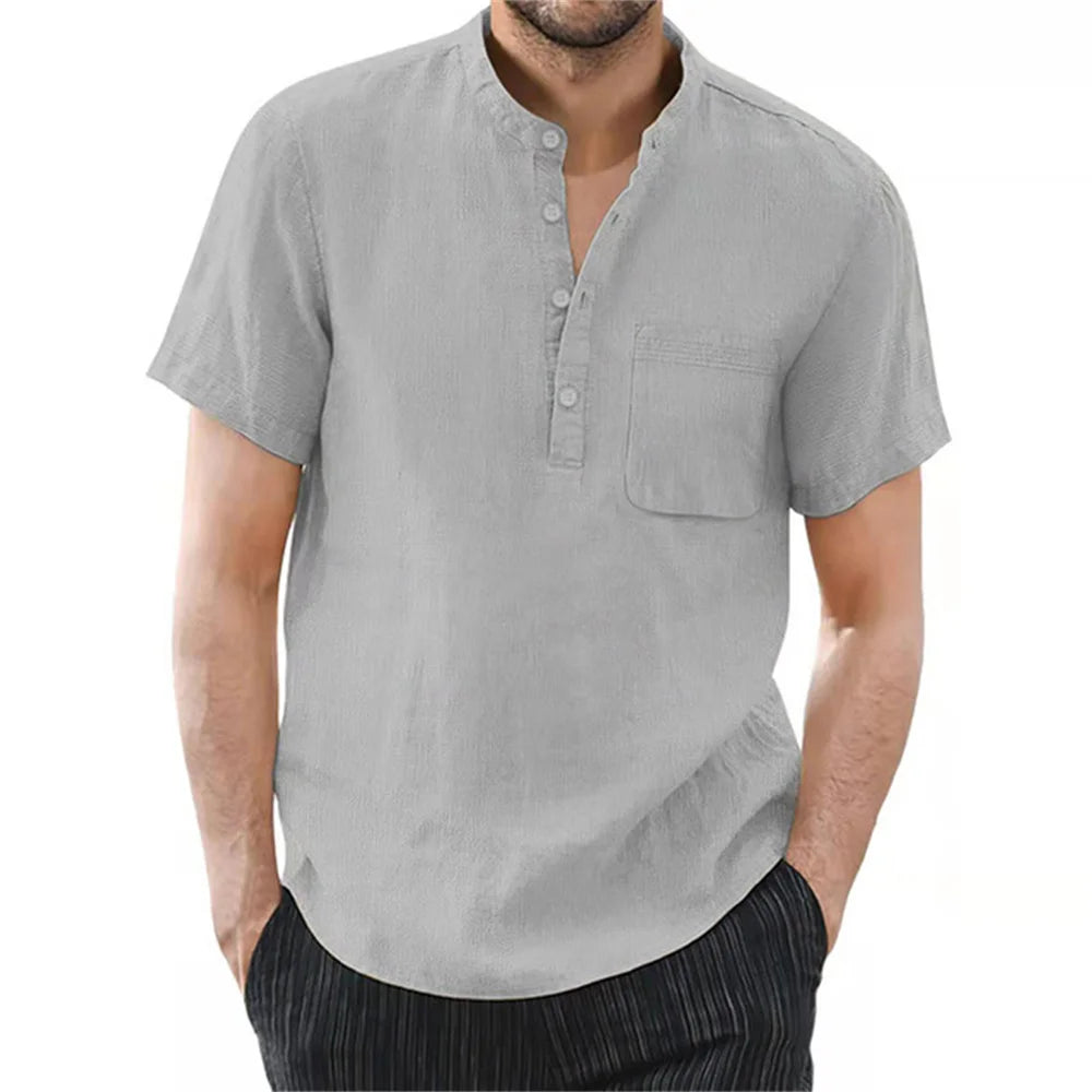 Men'S Short Sleeve T-Shirt Cotton and Linen Casual Men T-Shirts Solid Color Summer Shirt Male Cozy Breathable