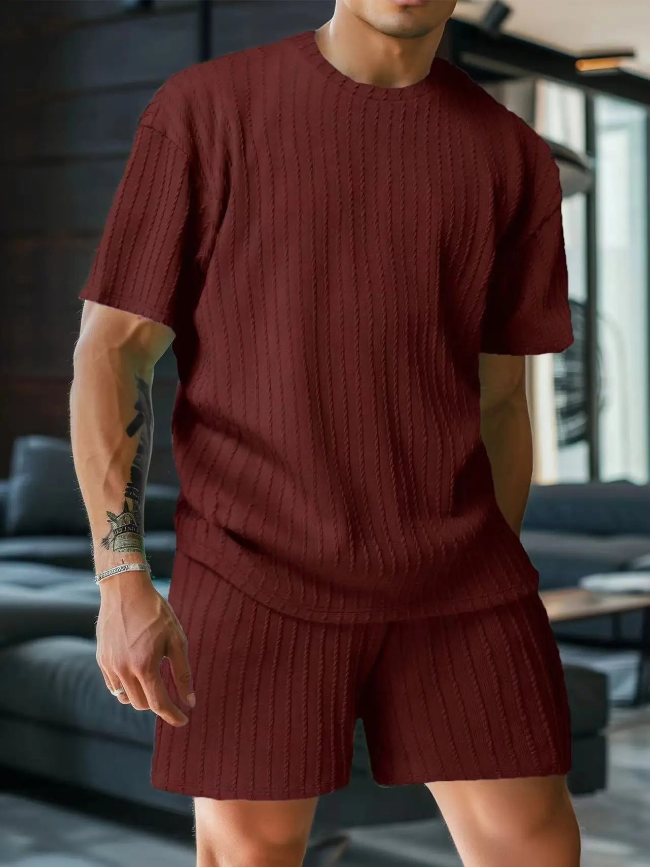 2025 Men'S Sports Suit Hot Item Solid Color round Neck Pullover Vertical Pattern Casual Comfortable T-Shirt Shorts Two-Piece Set