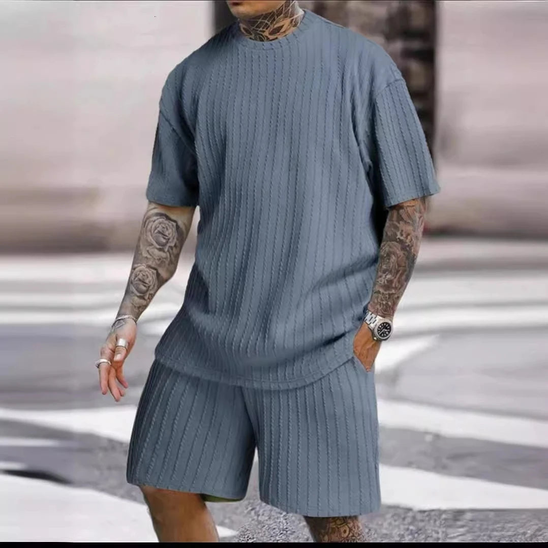 2025 Men'S Sports Suit Hot Item Solid Color round Neck Pullover Vertical Pattern Casual Comfortable T-Shirt Shorts Two-Piece Set