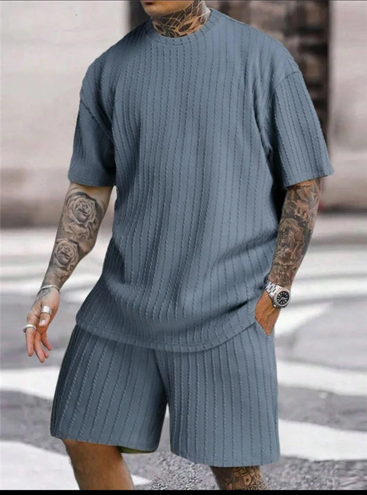 2025 Men'S Sports Suit Hot Item Solid Color round Neck Pullover Vertical Pattern Casual Comfortable T-Shirt Shorts Two-Piece Set
