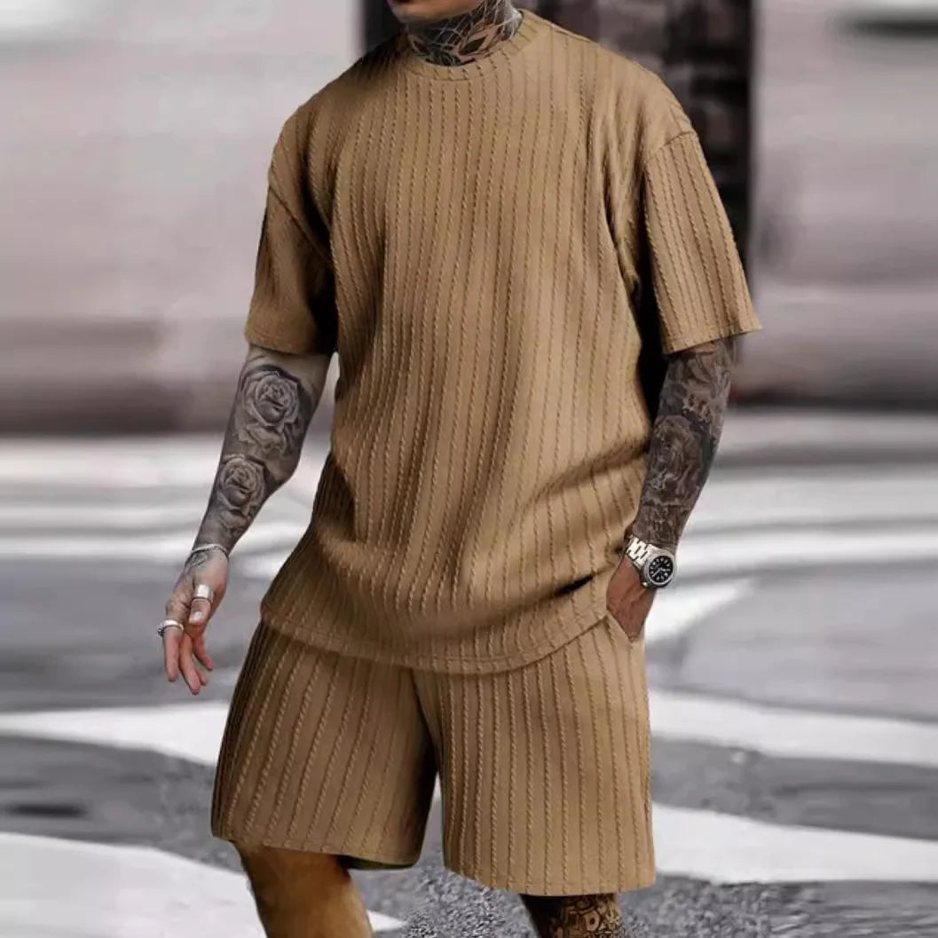 2025 Men'S Sports Suit Hot Item Solid Color round Neck Pullover Vertical Pattern Casual Comfortable T-Shirt Shorts Two-Piece Set