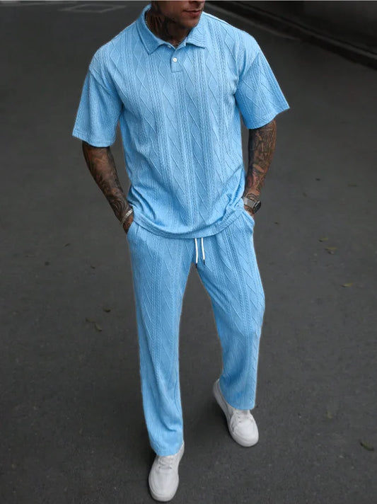 New Fashion Casual Trendy Knitted 2 Piece Sets Solid Color Short Sleeve Turn-Down Collar T-Shirts Loose Straight Trousers Male