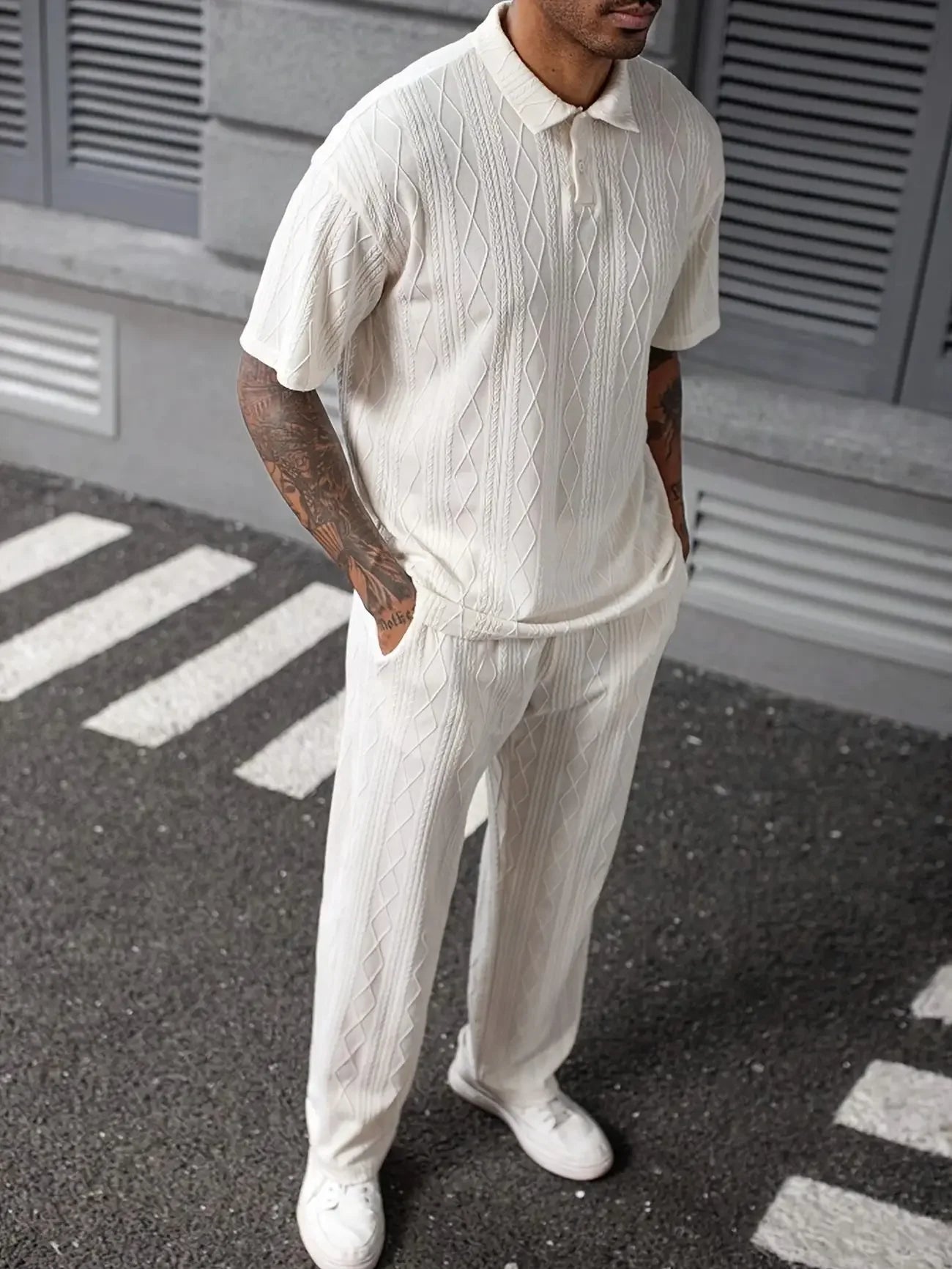 New Fashion Casual Trendy Knitted 2 Piece Sets Solid Color Short Sleeve Turn-Down Collar T-Shirts Loose Straight Trousers Male