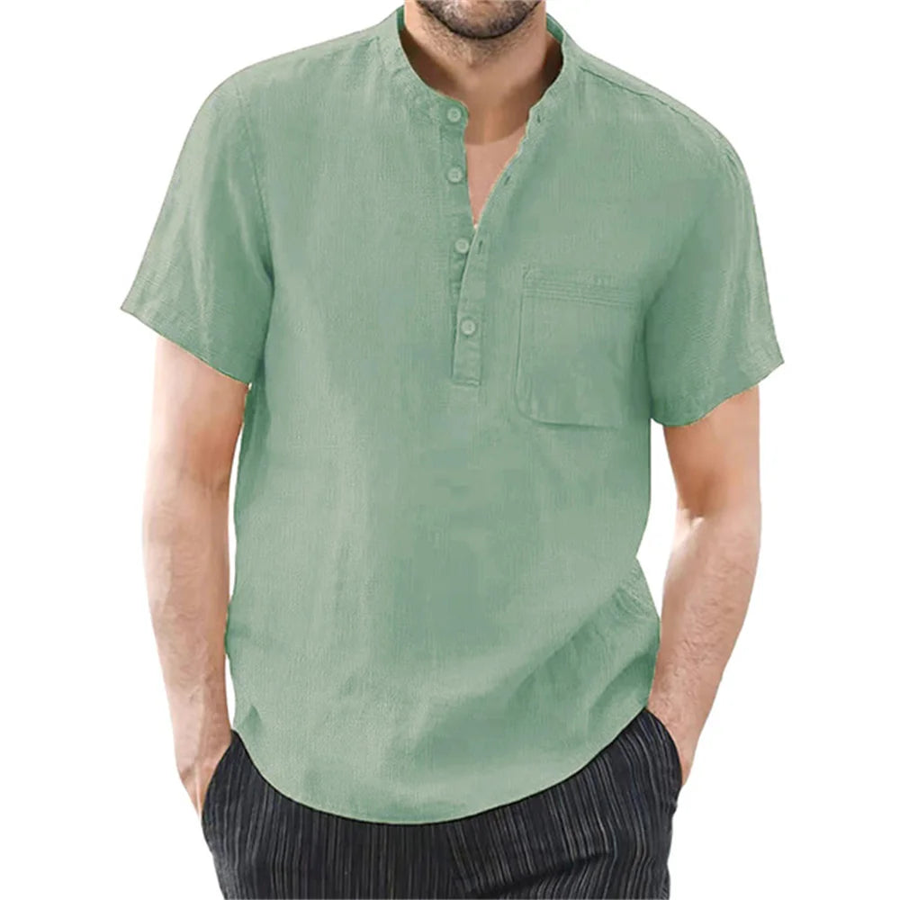 Men'S Short Sleeve T-Shirt Cotton and Linen Casual Men T-Shirts Solid Color Summer Shirt Male Cozy Breathable