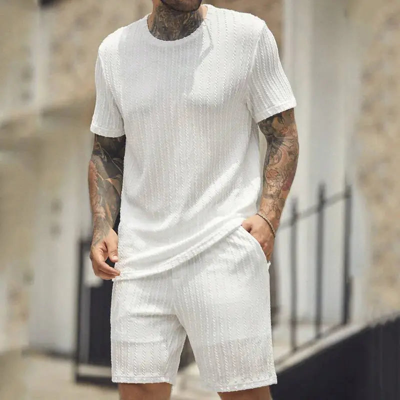 2025 Men'S Sports Suit Hot Item Solid Color round Neck Pullover Vertical Pattern Casual Comfortable T-Shirt Shorts Two-Piece Set